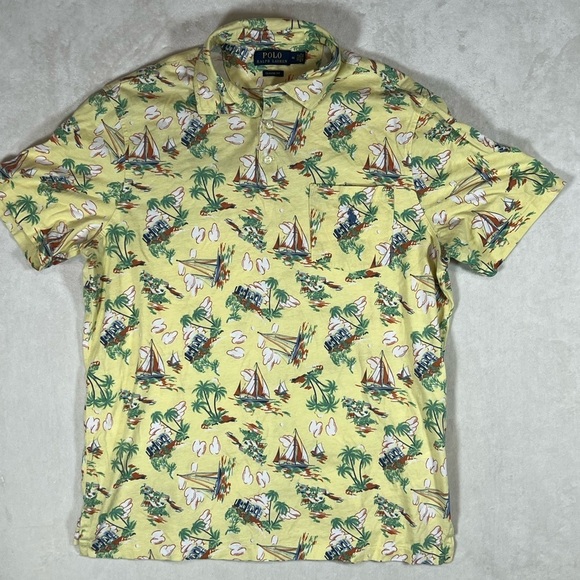 Polo Ralph Lauren Medium Custom Fit Pocket T Polo Yellow Tropical Print Shirt - Picture 2 of 9